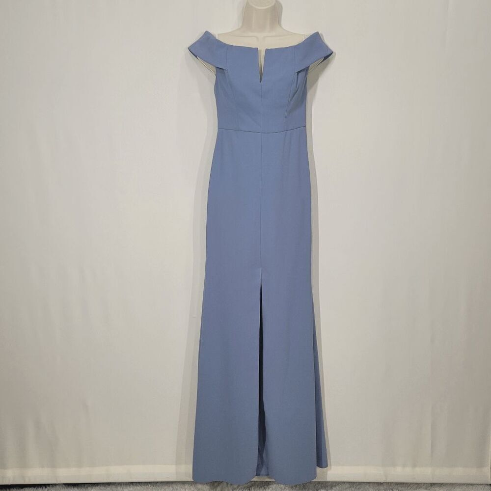 Dessy Collection Larkspur Blue Off-The-Shoulder Notch Trumpet Gown Front Slit 2